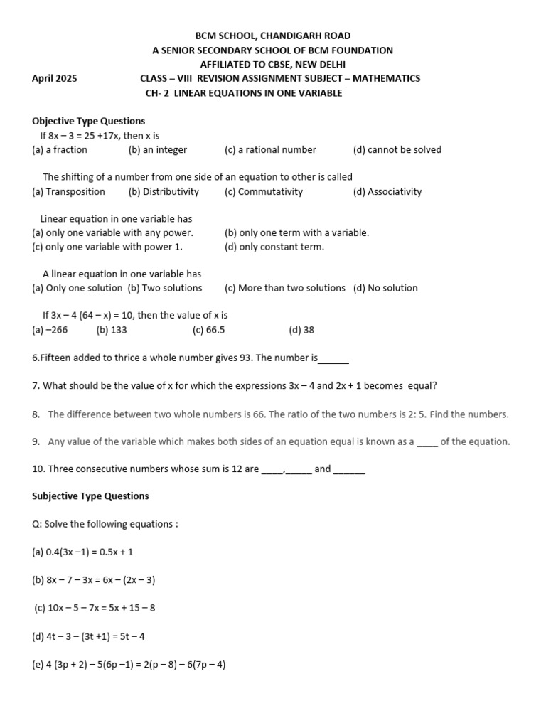Class 8 Chapter 2 Linear Equations in One Variable 2025 | PDF