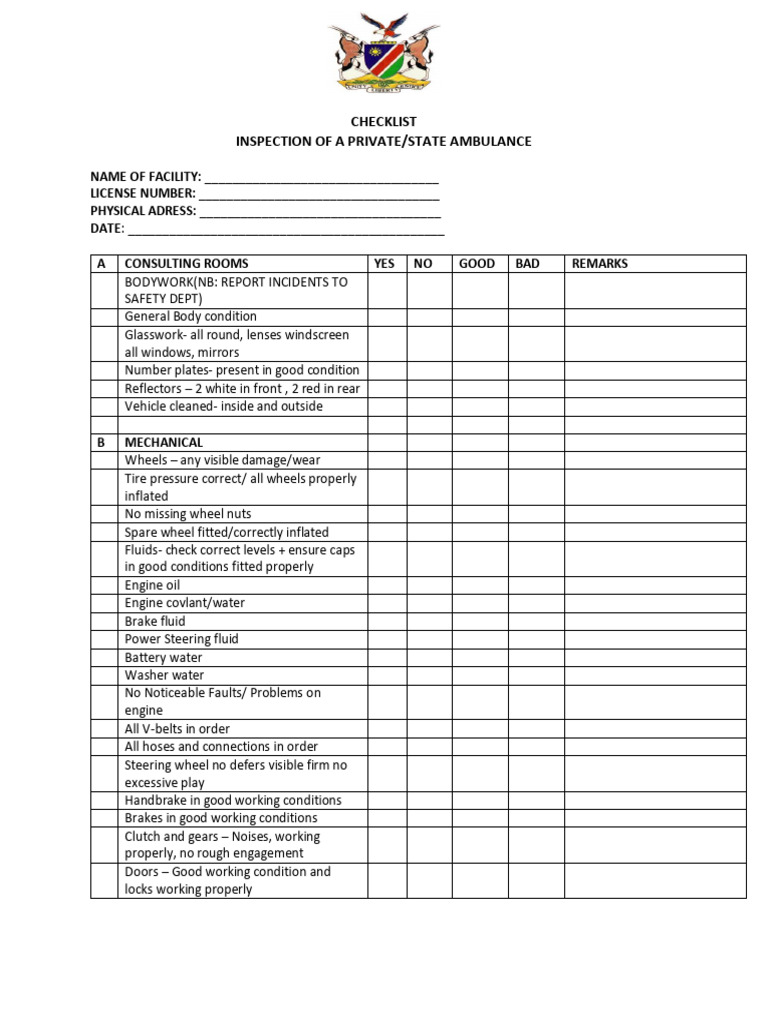 Checklist For Ambulance | PDF | Vehicles | Vehicle Technology