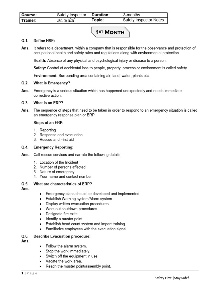 Safety Inspector Notes (1st Month) | PDF