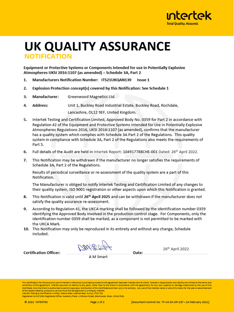 UKEX Quality Assurance Notification Certificate ITS21UKQAN139 Issue 01 ...