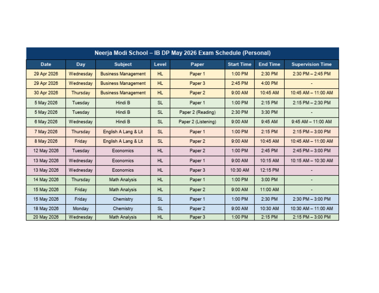 IB Exam Schedule Personal | PDF