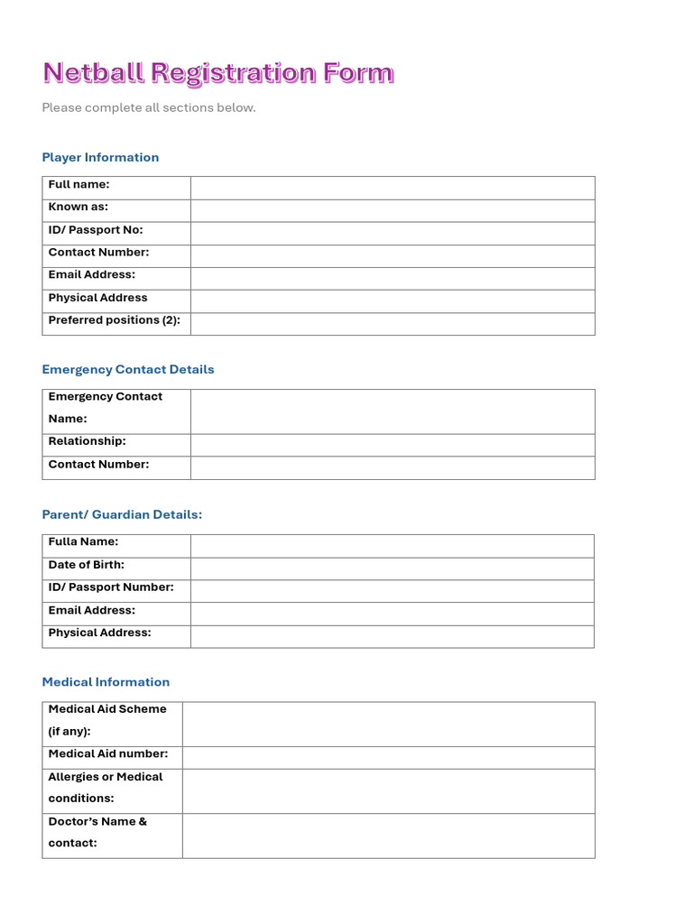 Netball Registration Form | PDF