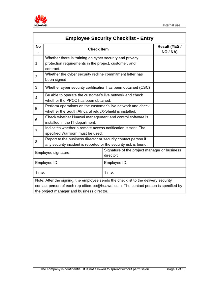Attachement 1- Employee Entry Security Checklist V1.0 | PDF