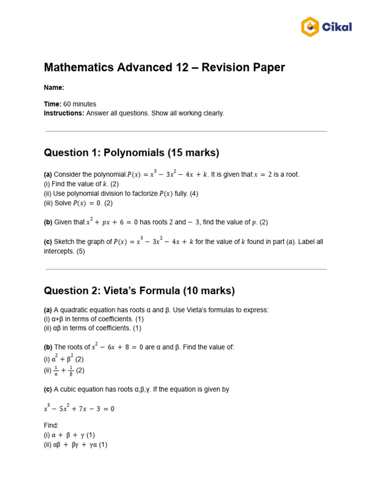 Mathematics Advanced 12 – Revision Paper | PDF