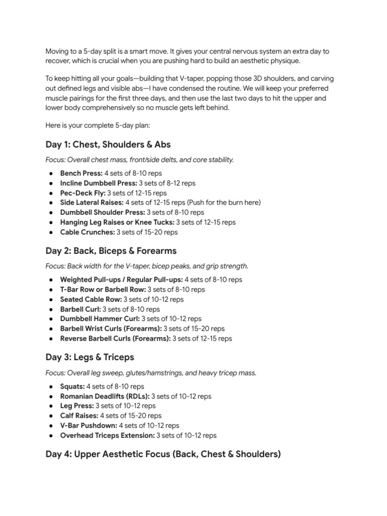 Five-Day Aesthetic Physique Workout Plan | PDF