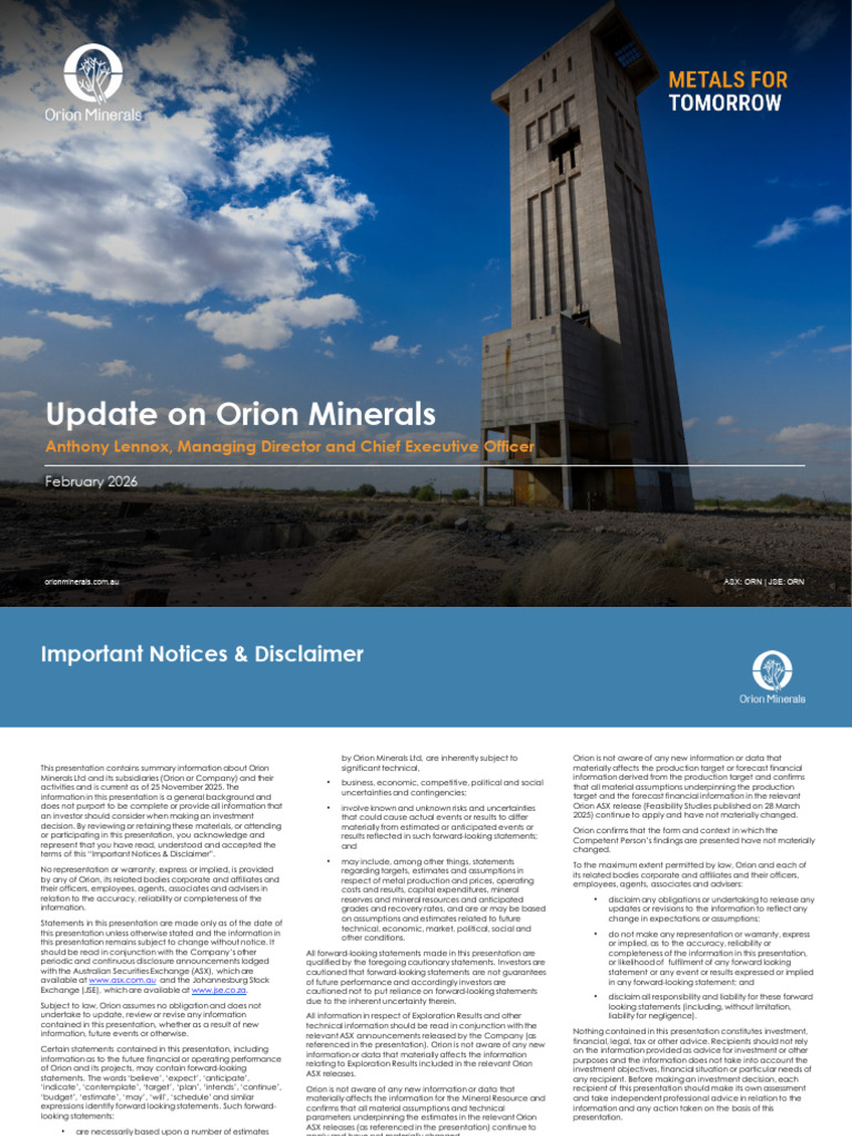 Orion Minerals Investor Presentation Feb 26 2026 | PDF | Mining | Ore