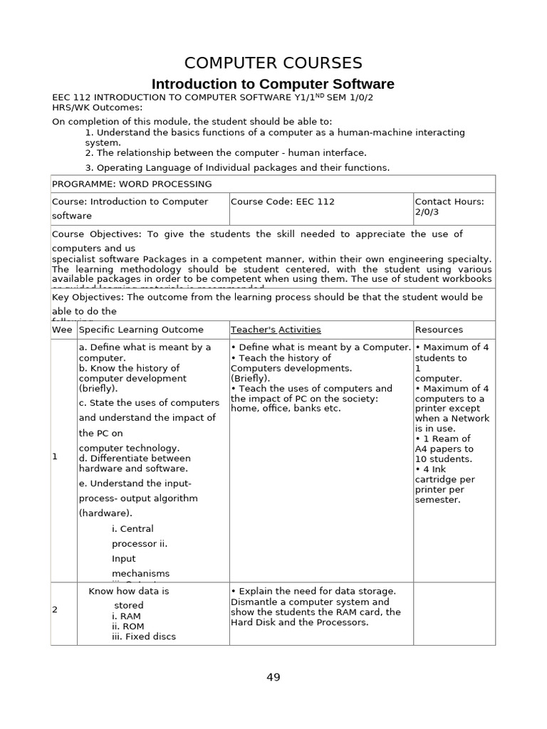 EEC 112 INTRODUCTION TO COMPUTER SOFTWARE | PDF