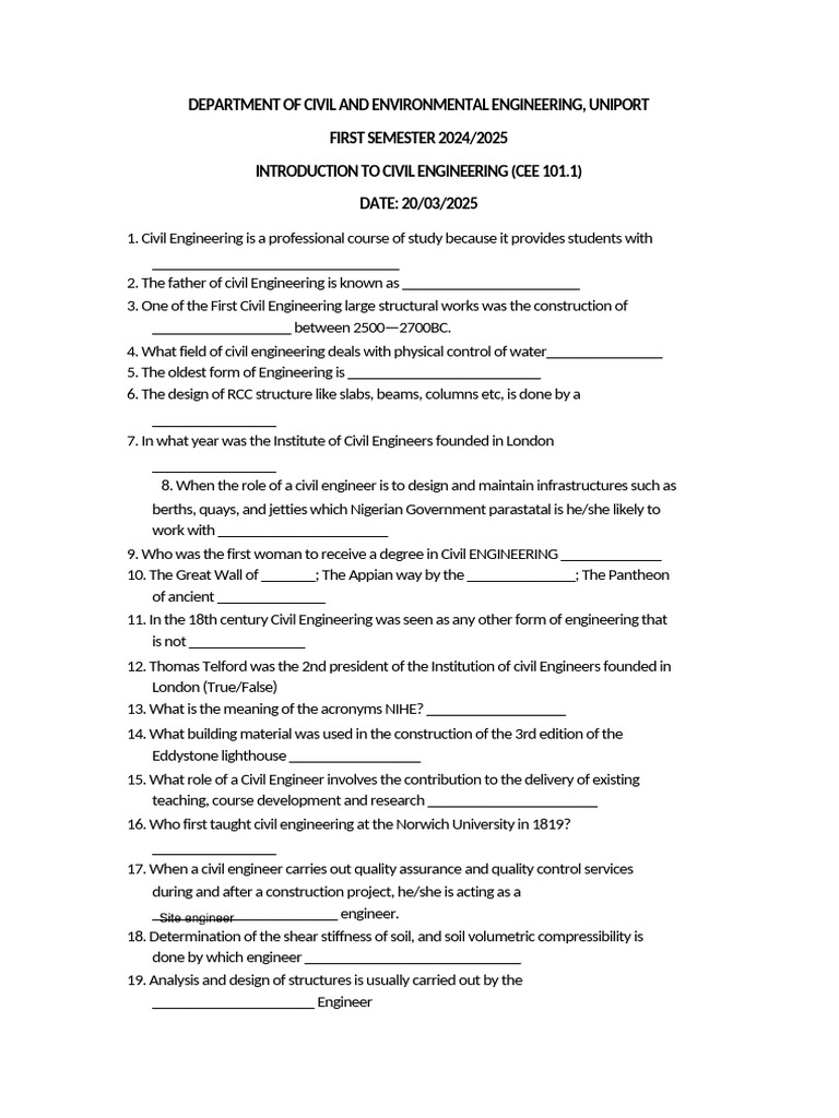 CEE 101 20242025 Past Exam Questions. | PDF