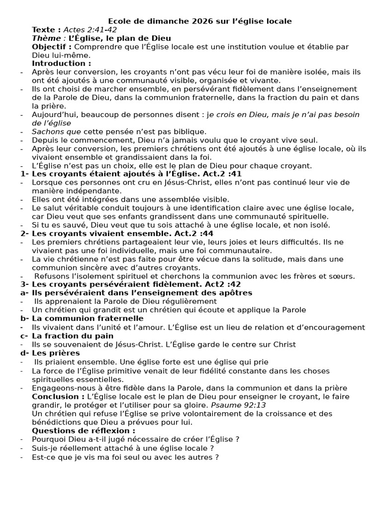 Ecole de Dimanche 2026 Sur L'eglise Locale | PDF | Église chrétienne | Dieu