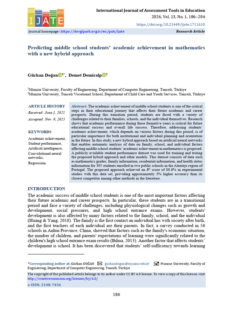 Predicting Middle School Students’ Academic Achievement in Mathematics ...