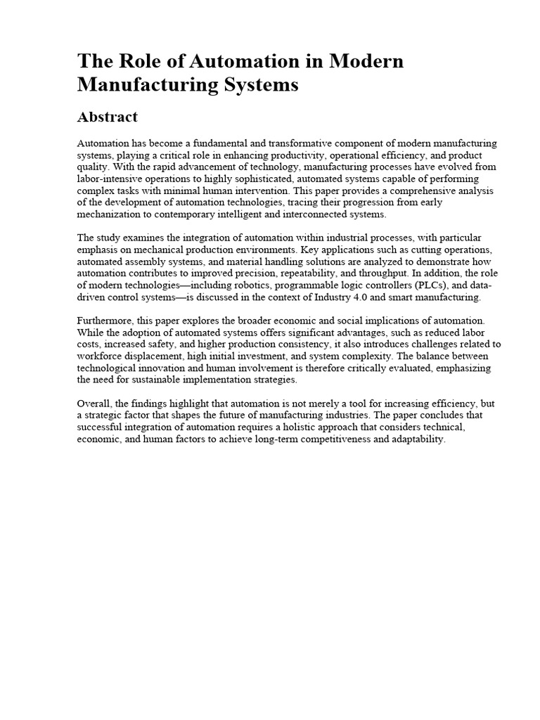 The Role of Automation in Modern Manufacturing Systems | PDF
