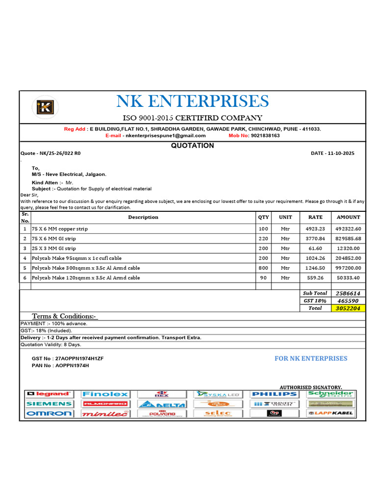Quotation No 022 Supply of Electrical Material | PDF