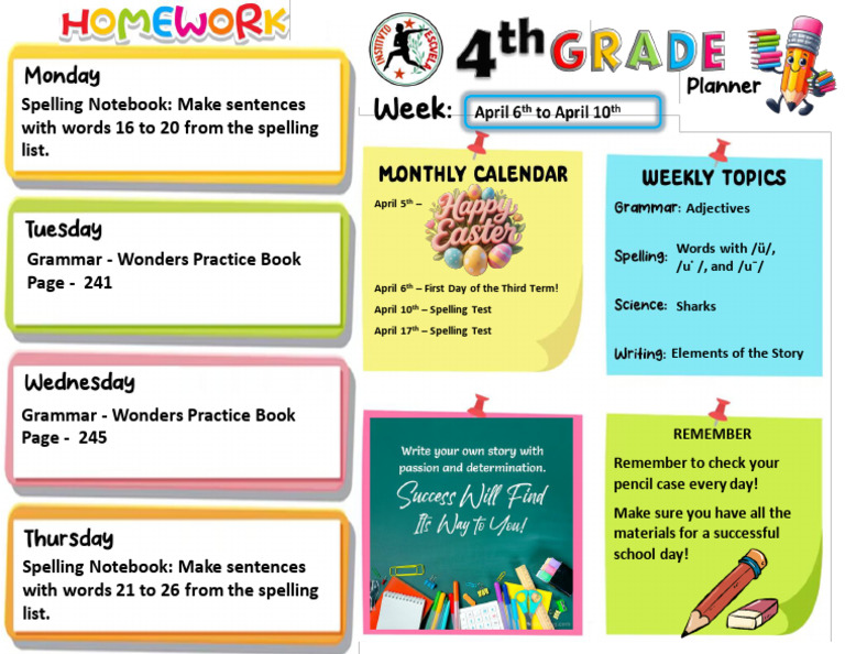 Homework - April 6th to 10th - 4th Grade | PDF