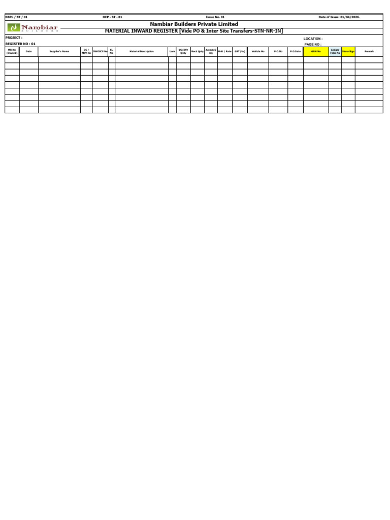 1.Material Inward Register-Vide PO and Inter Site Transfer In | PDF