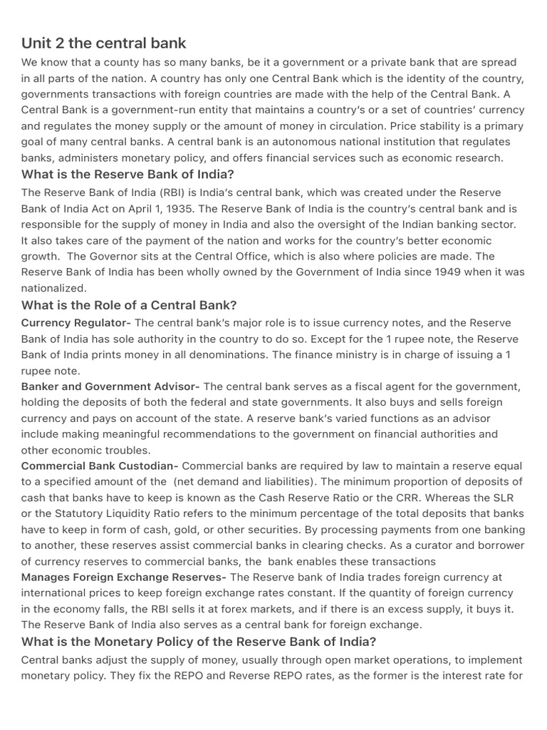 Unit 2 the Central Bank | PDF | Central Banks | Reserve Bank Of India