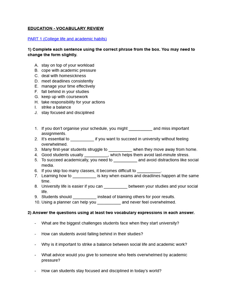 EDUCATION - VOCABULARY REVIEW | PDF