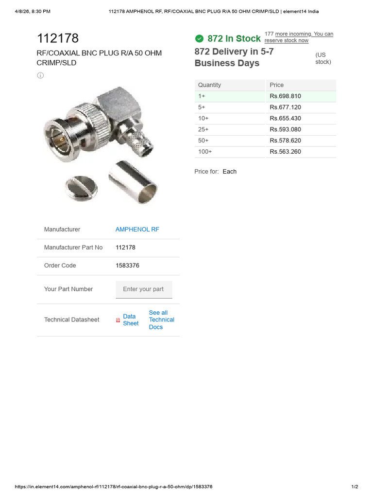 112178 Amphenol Rf, Rf_coaxial Bnc Plug R_a 50 Ohm Crimp_sld ...