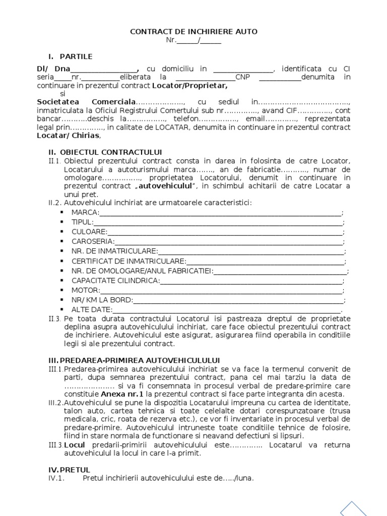 Model Contract Inchiriere Auto PDF