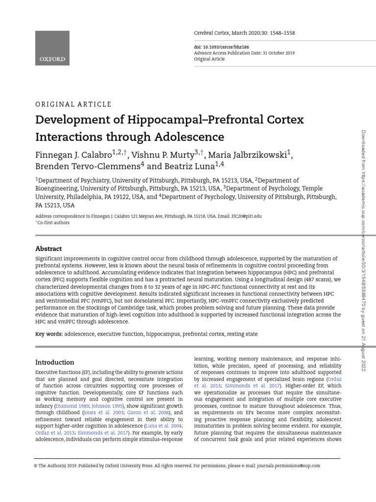 Development of Hippocampal Prefrontal Cortex Interactions 4wd5wa5oie ...