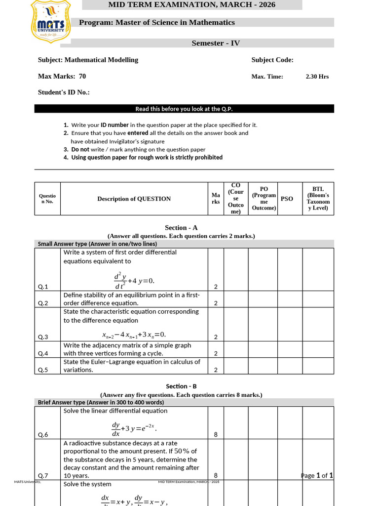 Mid-Term - Mathematical Modelling | PDF | Equations | Differential ...