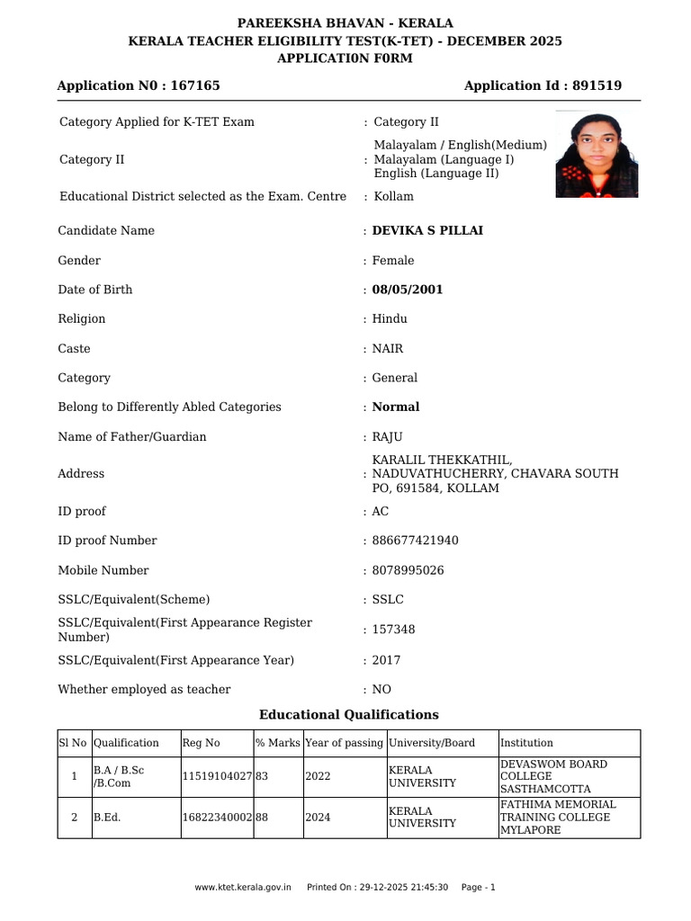 Ktet Dec 2025 Application Print 167165 | PDF