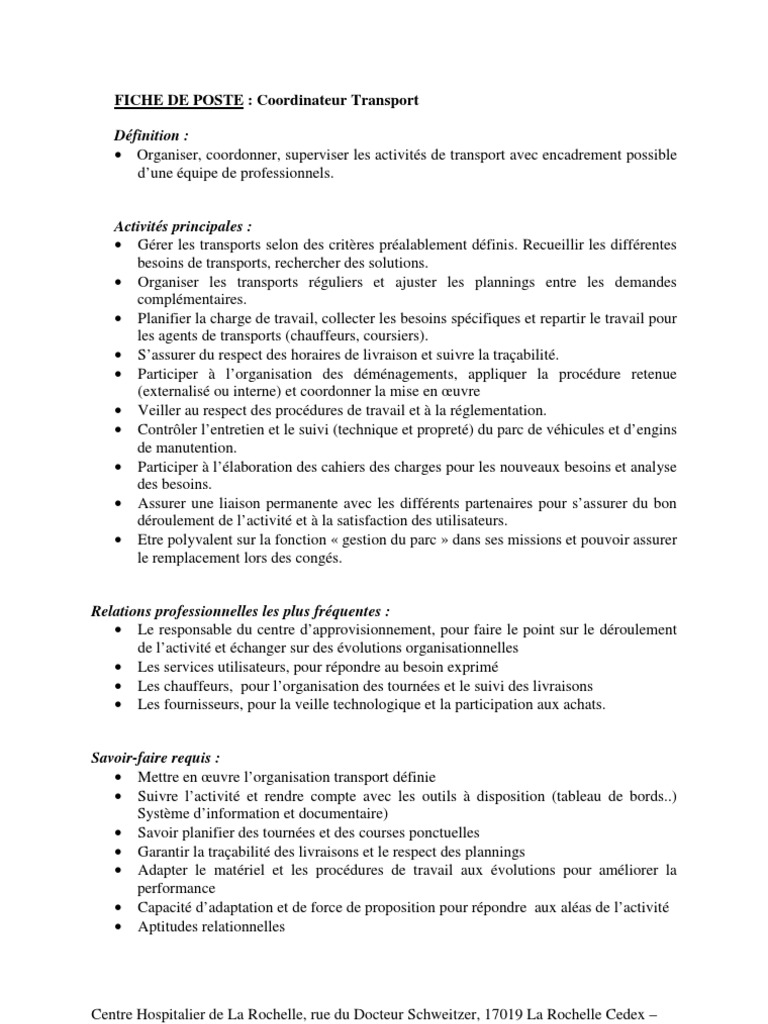 Fiche De Poste Coordinateur Transport Pdf Transport Business