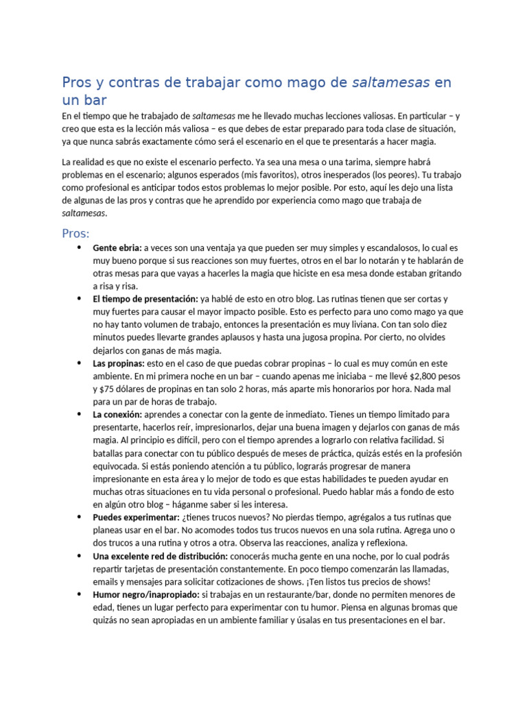 Pros y Contras de Andar de Saltamesas en Un Bar (4.22.2025) | PDF