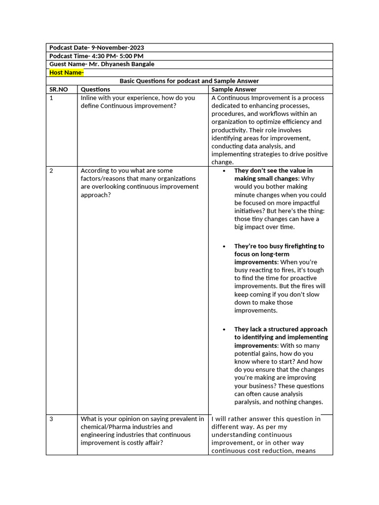 Podcast Basic Question and Answer | PDF | Six Sigma | Goal