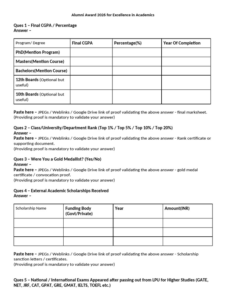 Excellence in Academics Award Nomination Questionnaire | PDF ...