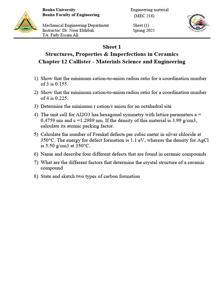 Sheet 1 Material Engineering | PDF