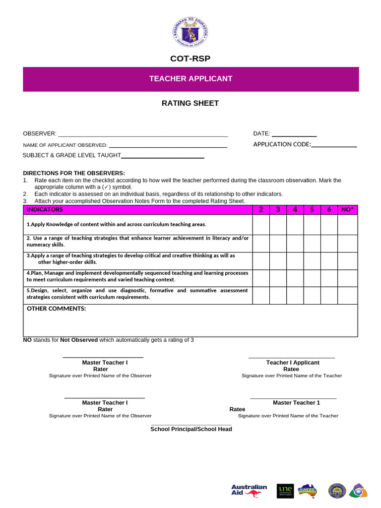 Cot Rating Sheet Teacher Applicant (3) | PDF | Learning | Teachers