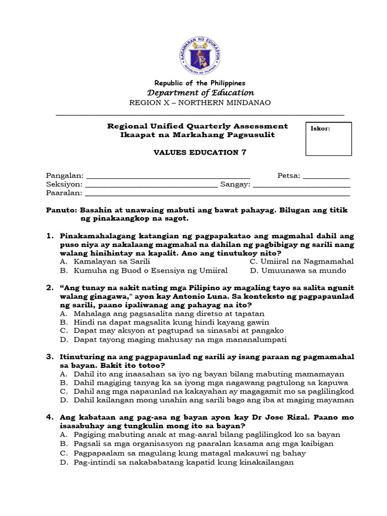 Grade 7 Values Education - 4th Quarter RUQA Test Questions | PDF