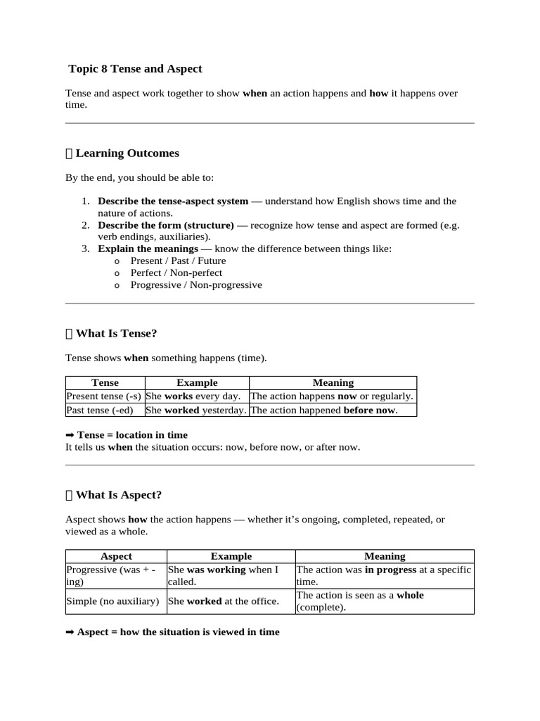Topic 8 Tense and Aspect | PDF | Perfect (Grammar) | Grammatical Tense