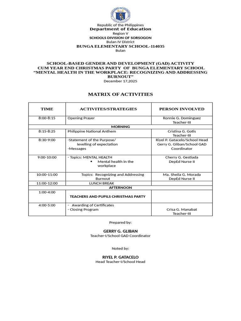 Gad Matrix of Activities | PDF