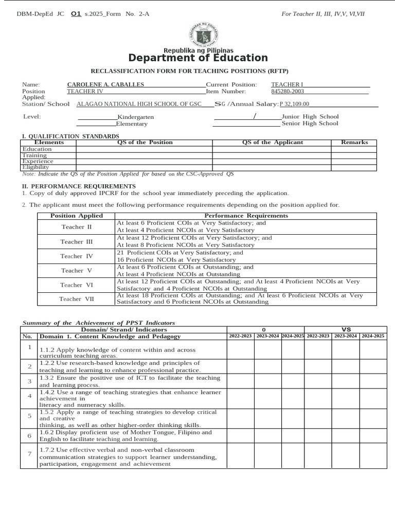 Reclassification Form Teacher I VI (1) (1) | PDF | Learning ...
