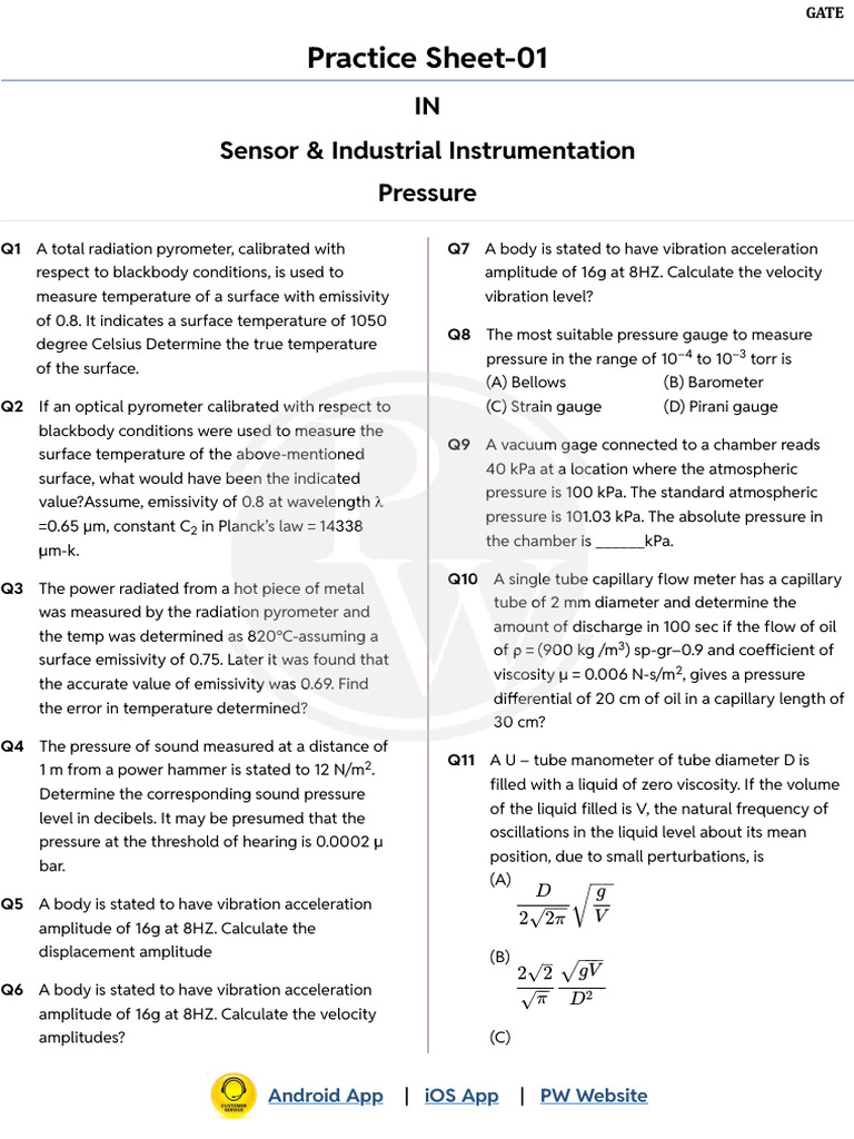 Pressure _ Practice Sheet 01 | PDF | Pressure Measurement | Pressure