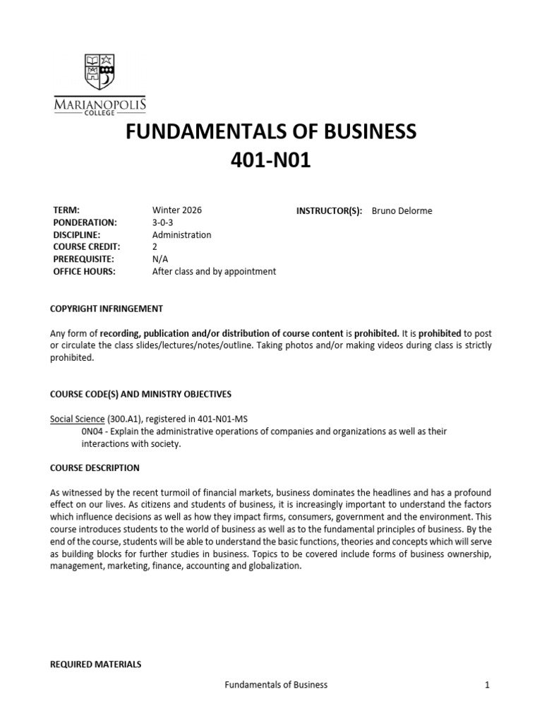 Course Outline - Fundamentals of Business - Winter 2026 | PDF ...