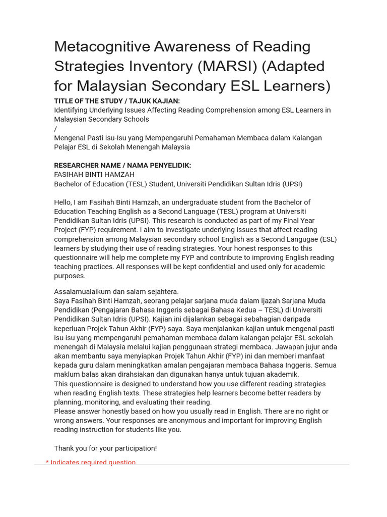 Metacognitive Awareness of Reading Strategies Inventory (MARSI ...