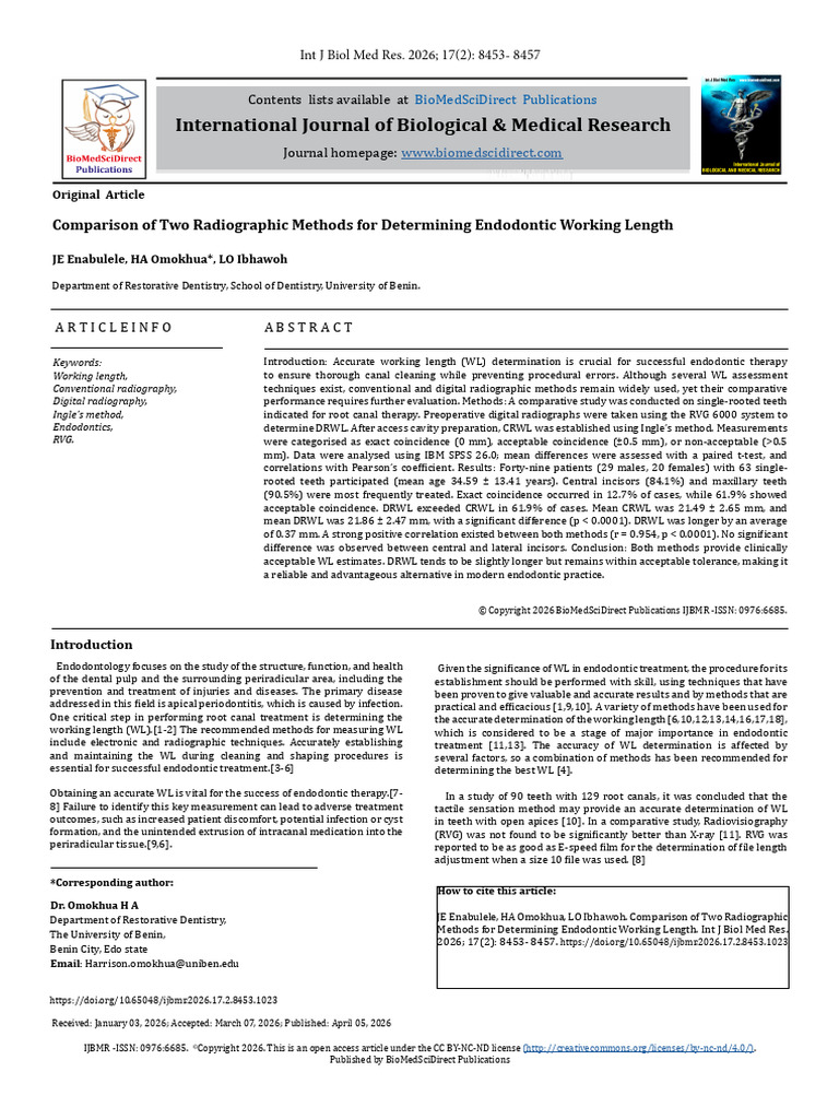 Comparison of Two Radiographic Methods for Determining Endodontic ...