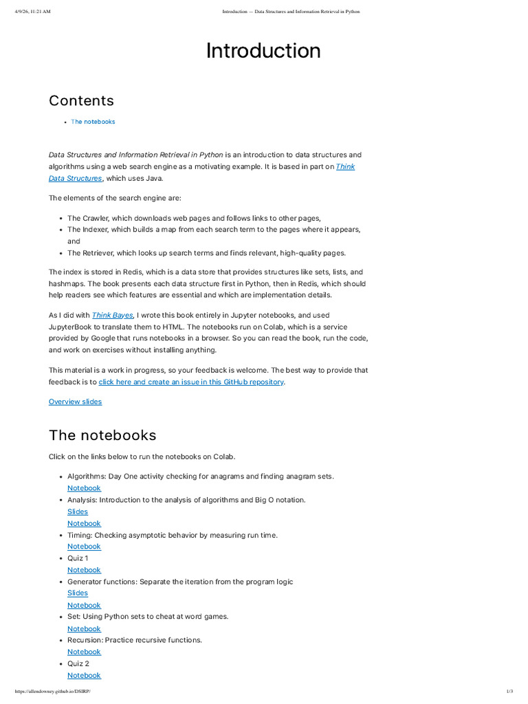 Introduction - Data Structures and Information Retrieval in Python | PDF