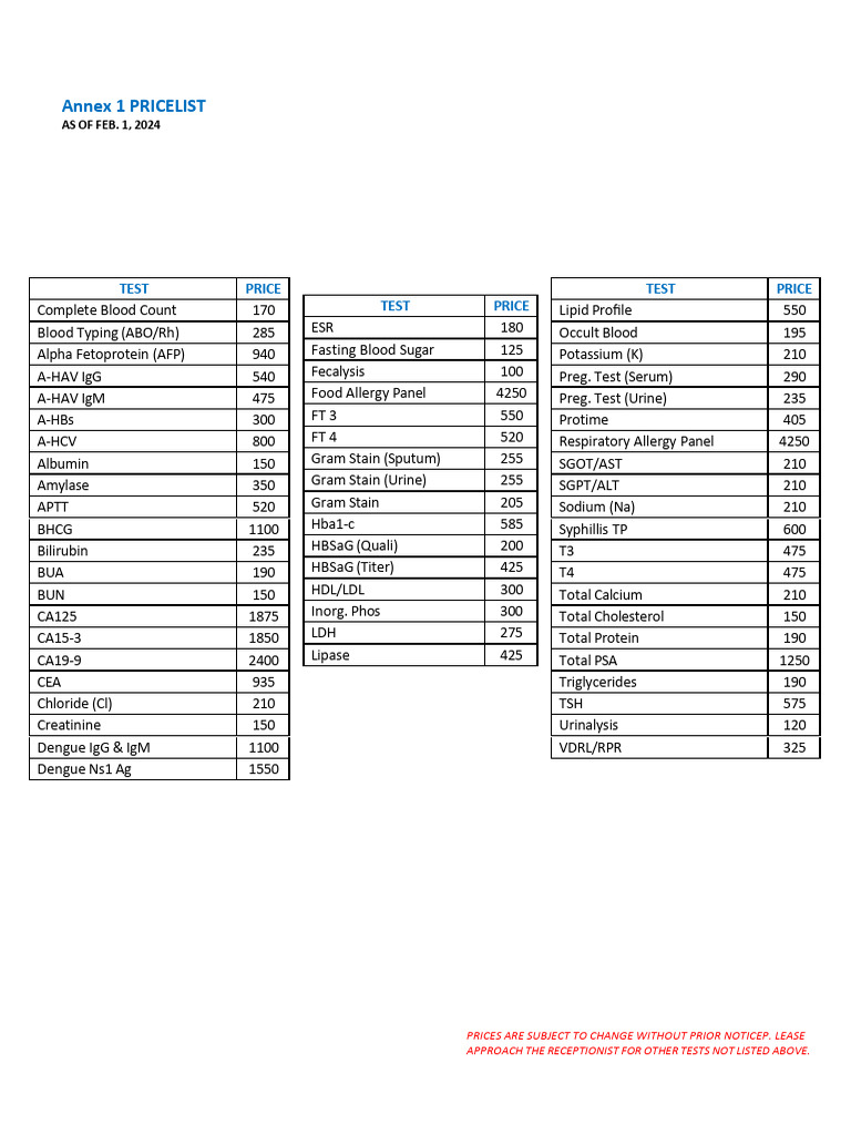 Hi-Precision Price List | PDF | Medical Specialties | Clinical Medicine