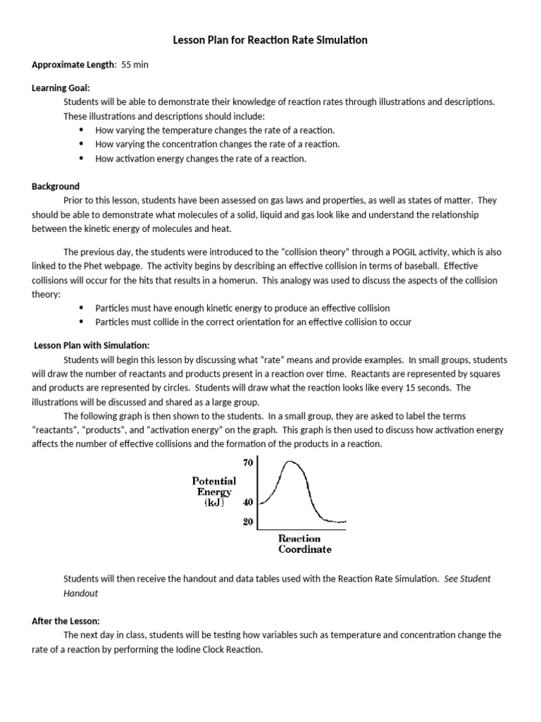 Lesson Plan for Reaction Rate Simulation (2) | PDF