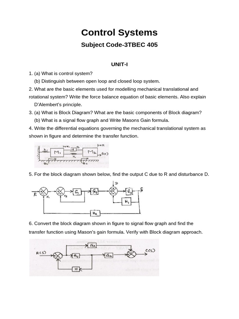 3TBEC 405 Control Systems Question Bank | PDF