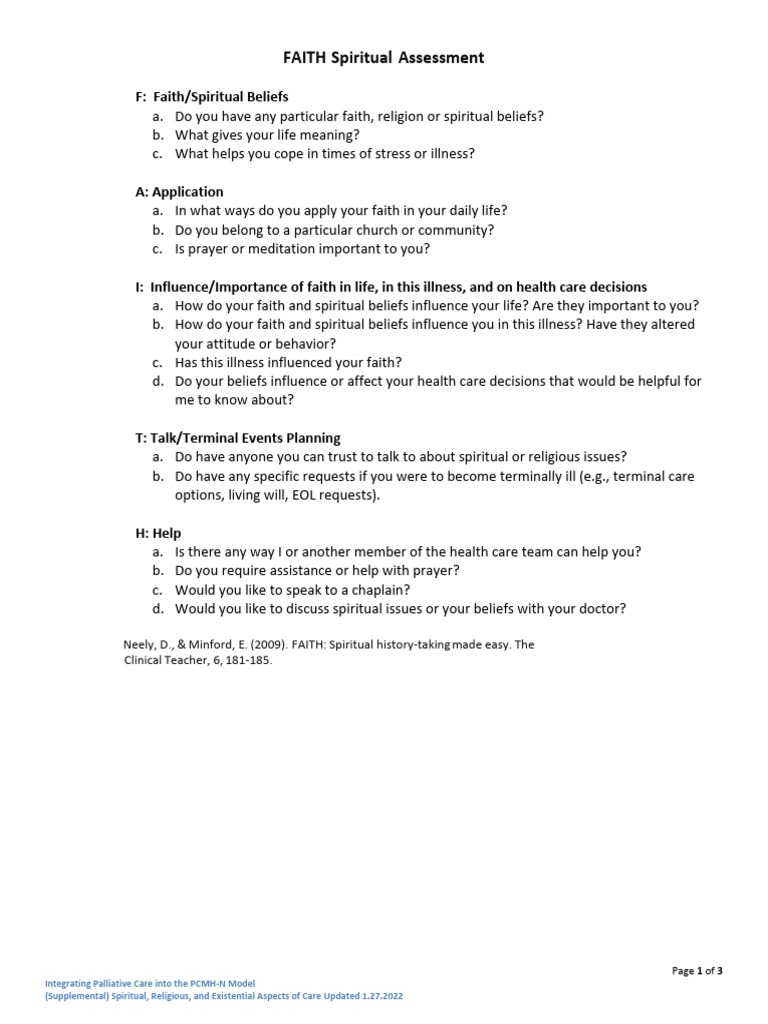 Spiritual Assessment Tool (Clinical Week 1) | PDF | Faith | End Of Life ...