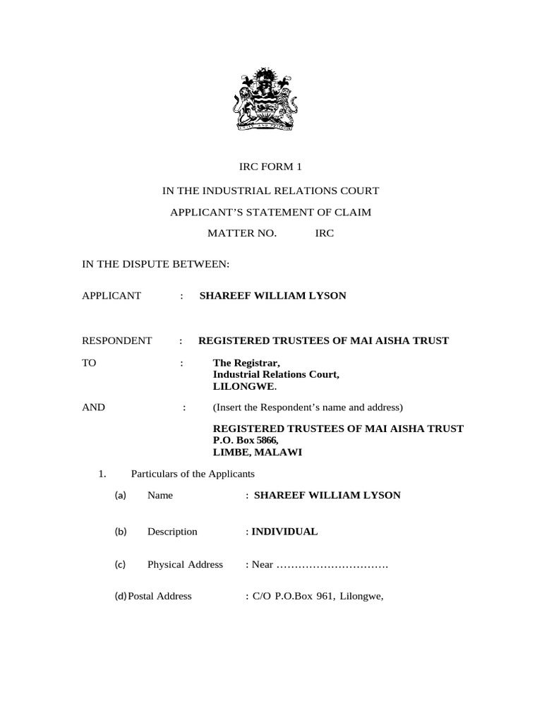 Irc Form 1.Judth Yobe vs. Likuni Boys Limited.dated 05.03.2024742 | PDF ...
