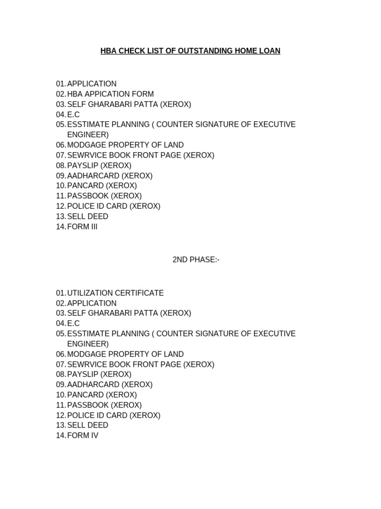 Hba Check List - Copy | PDF