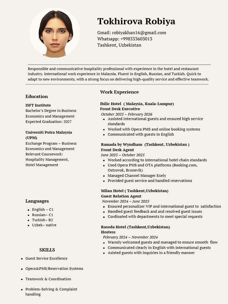 Robiya Tokhirova.pdf | PDF | Uzbekistan | Hospitality Industry