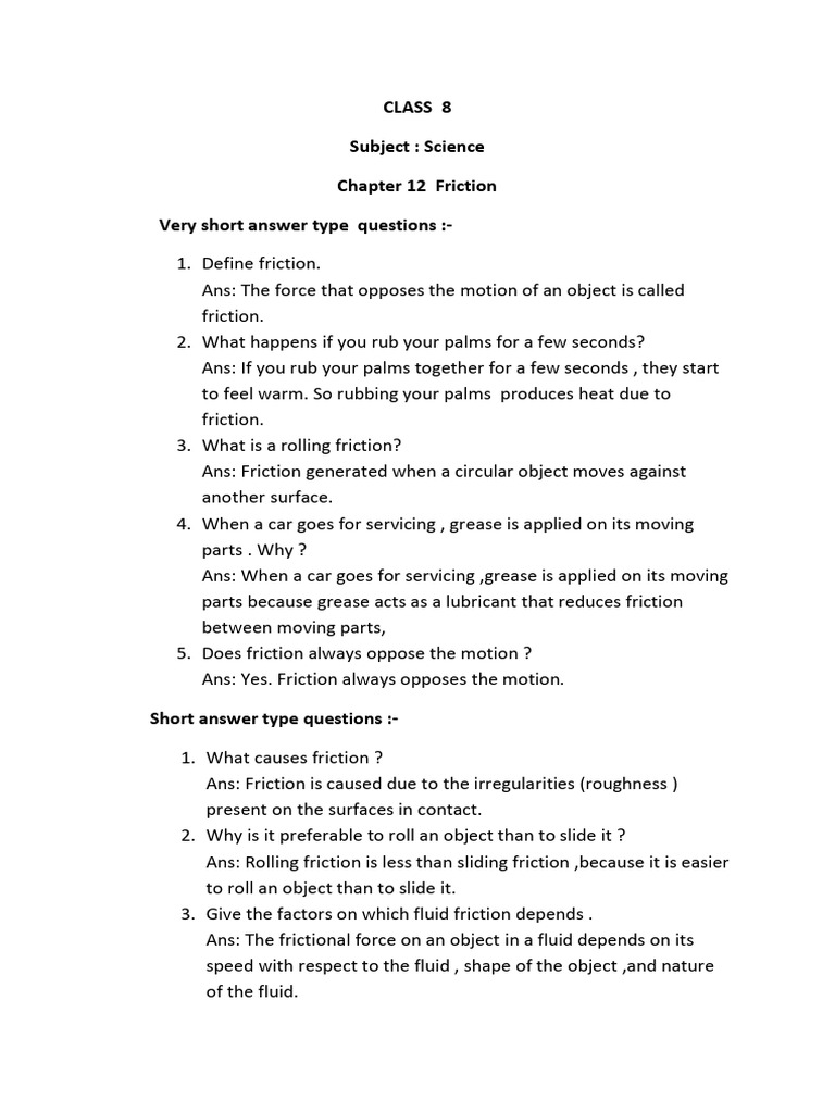 CLASS 8 Science Chapter 12 Friction | PDF | Friction | Force
