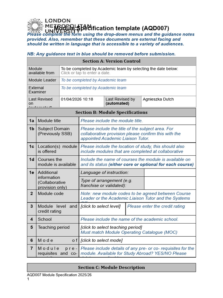 AQD007 Module Specification Template 2025 26 (6) | PDF | Learning ...