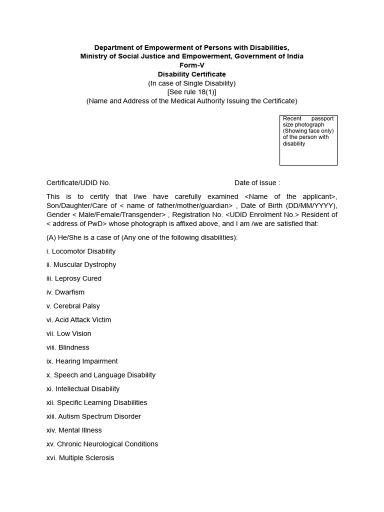 Disability Certificate Proforma | PDF | Disability | Visual Impairment